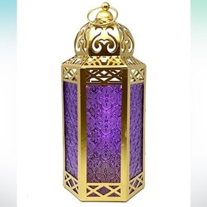 Lanterns Metal Moroccan Decorative Candle Holder Gold, Purple Glass, Large
